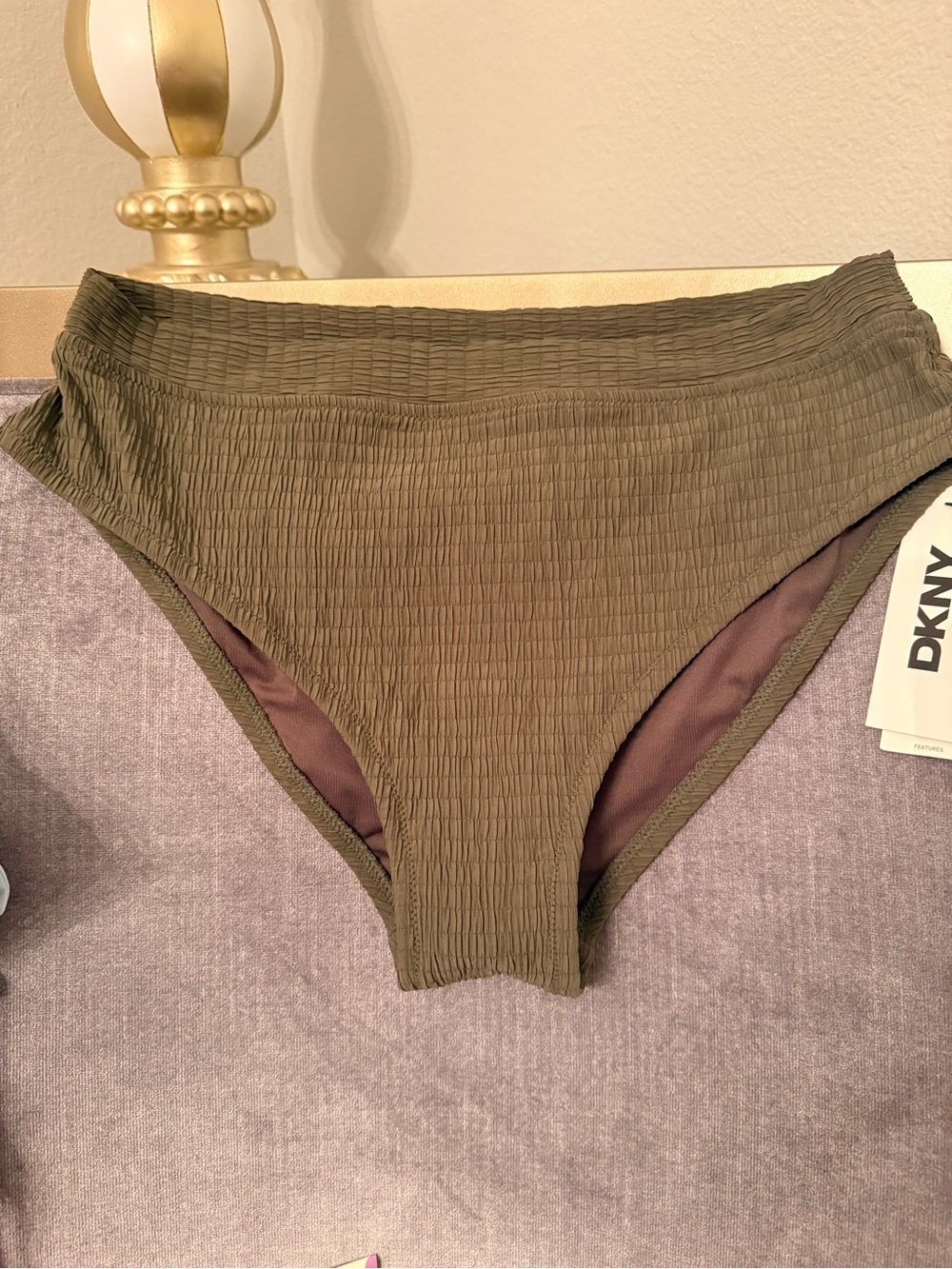 DKNY Olive Textured High-Waist Bikini Bottom - M